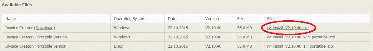 Herunterladen-Seite auf der rechnungsverwalter.de
